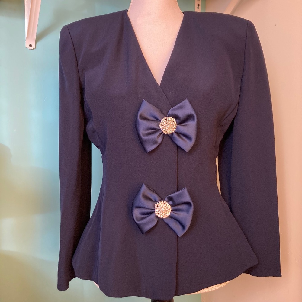 Saks5th Ave Arthur Doucette Vintage navy peplum jacket /rhinestone buttons & bow